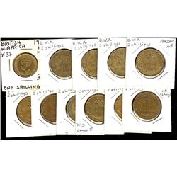 British West Africa Coinage.  Lot includes 1/10 Pennies to 2 Shillings dating 1913 to 1949.  Lot has