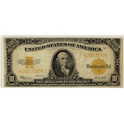 USA 1922 $10 Gold Certificate #K26073547. Speelman-White, Gold sealVG to Fine in grade with sml tear