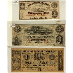 US Banknotes, small lot includng RailRoad Bank 1853 $2, US Treasury Note 25¢ 1863 from the State of 
