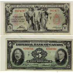 The Canadian Bank of Commerce 1935 $5 CH-75-18-02 & Imperial Bank of Canada 1934 $5 CH-375-22-04.  L