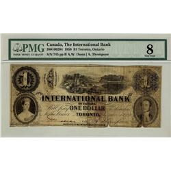 The International Bank of Canada  1858 $1 CH-380-10-02-04, PMG VG8.  Scarce Issue.