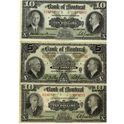 The Bank of Montreal 1935 $5 CH-505-60-02, $10 CH-505-60-04 & 1938 $10 CH-505-62-04.  Lot of 3 notes