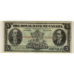The Royal Bank of Canada, CH-630-12-02 1913 $5#1512880.  Grades a solid Fine with minor rim tear at 