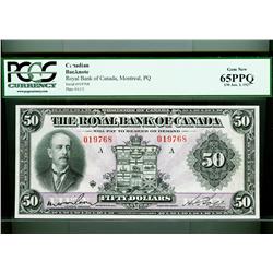 The Royal Bank of Canada 1927 $50 #019768 CH-630-14-16, PCGS UNC 65 PPQ.  Well centered, bright with