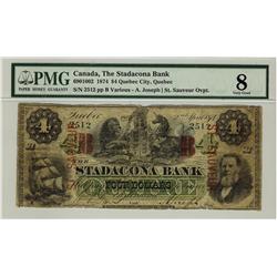 The Stadacona Bank 1874 $4 CH-690-10-02 #2512 PMG VG8.  Extremely rare note with St-Sauveur Red Over