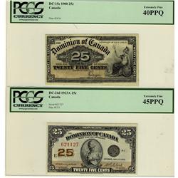 1900 25¢ DC-15c EF40PPQ & 1923 DC-24d EF45PPQ.  Lot of 2 notes both PCGS graded.