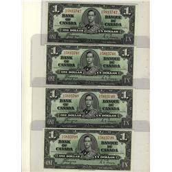 1937 $1 BC-21d #DN5815739-742.  Lot of 4 consecutive examples.  AU-UNC