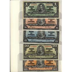 1937 $1 BC-21d, $2 BC-22c, $5 BC-23c, $20 BC-25b & $50 BC-26c.  Lot of 5 notes EF to UNC.