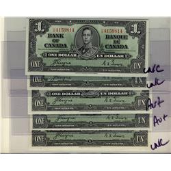 1937 $1 BC-21d.  Lot of 5 notes. AU to UNC.