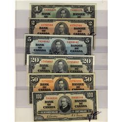 1937 $1 to $100.  Lot of 6 notes includes, $1 BC-21c, $2 BC-22b,  $5 BC-23b, $20 BC-25b, $50 BC-26b