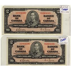 1937 $2 BC-22b #NB1864345-346.  Lot of 2 consecutive AU-UNC notes.