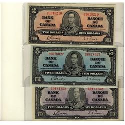 1937 $2 BC-22b, $5 BC-23b & $10 BC-24b.  Lot of 3 notes in EF grades.