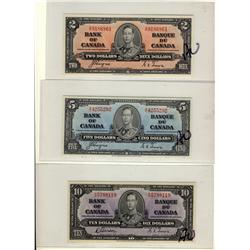 1937 $2 BC-22c, $5 BC-23c & $10 BC-24b.  Lot of 3 notes AU to AU+.