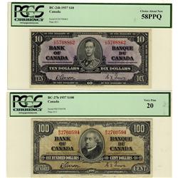 1937 $10 BC-24b AU58PPQ & $100 BC-27b VF20.  Lot of 2 PCGS graded notes.