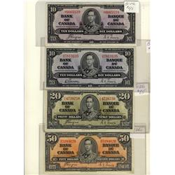1937 $10 BC-24b, BC-24c, $20 BC-25c & $50 BC-26c.  Lot of 4 notes VF to EF.