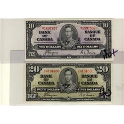 1937 $10 BC-24c #MT & $20 BC-25c #HE.  Lot of 2 notes.  AU.