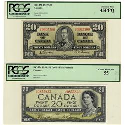 1937 $20 BC-25b #HE0605500 PCGS EF45PPQ & 1954 $20 DF #AE0855823, PCGS AU55.  Lot of 2 early $20 iss