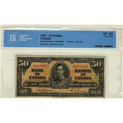 1937 $50 BC-26a Osborne #AH0078807, CCCS VF20. Another scarce issue.