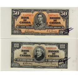 1937 $50 BC-26c & $100 BC-27b.  Lot of 2 notes. EF.