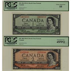 1954 $1 BC-29b AU55 & $2 BC-30b EF45PPQ.  Lot of 2 notes.