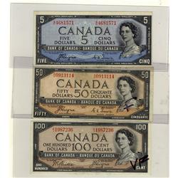 1954 DF $5 BC-31a, $50 BC-34a & $100 BC-35b.  Lot of 3 notes F to VF.
