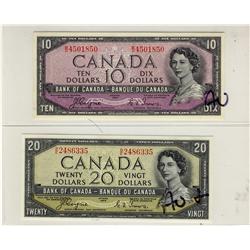 1954 DF $10 BC-32a & $20 BC-33a #BE.  Lot of 2 notes. AU to AU+.