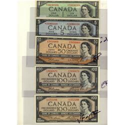 1954 Modified Lot of 5 notes including $1 BC-37bA #*AY, $5 BC-39bA #*VS, $50 BC-42b, $100 BC-43a & B