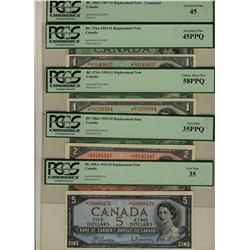 1954 $1 BC-37bA(2) , BC-38dA, BC-39bA & 1967 $1 BC-45bA.  Lot of 5 replacement issues all PCGS grade