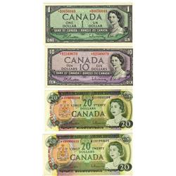 1954 $1 BC-37bA-i  #*BM0656049,  $10 BC-40bA #*BD2349079, 1969 $20 BC-50aA *EV0003208 & BC-50aA *EB1
