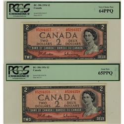 1954 $2 BC-38b #GR5204357 & 358 PCGS UNC 64 and UNC 65.   Both PPQ.