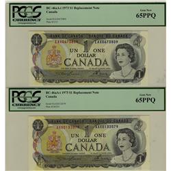 1973 $1 BC-46aA-i #EAX0673809 Litho & AAX0132079  Steel PCGS Gem UNC 65PPQ.  Lot of 2 notes.