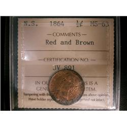 N.S. 1864 1/2¢ ICCS MS63RB.  Light soiling on rim of coin.