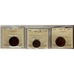 N.S. 1862 1¢ ICCS VG8  1861 NB 1/2¢ ICCS F15 1894 NFLD 1¢ ICCS AU50  Lot of 3 coins