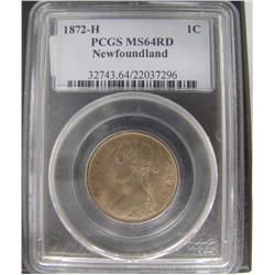 Nfld 1872H 1¢ PCGS MS64RD. Super example 95% red and lustrous.