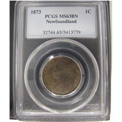 Nfld 1873 1¢ PCGS MS63BN. Lustrous brown.