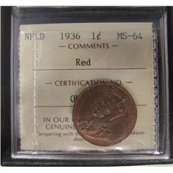 Nfld 1936 1¢ ICCS MS64RD.  Burgundy red 90% and lustrous.