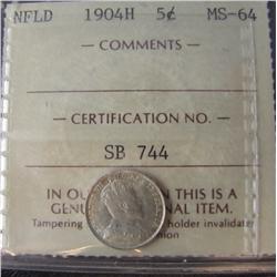 Nfld 1904H 5¢ ICCS MS64. Brilliant with full lustre.