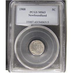 Nfld 1908 5¢ PCGS MS63.  Lustrous example.