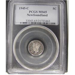 Nfld 1945c 5¢ PCGS MS65. Lustrous with light rim tones.