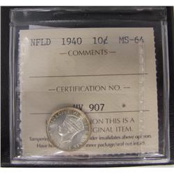 Nfld 1940 10¢ ICCS MS64.  Lustrous white.