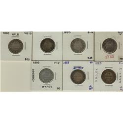 Nfld 1865, 1870, 1876H, 1880, 1885, 1888 & 1899 20¢.  Lot of 7 coins Good to Fine.