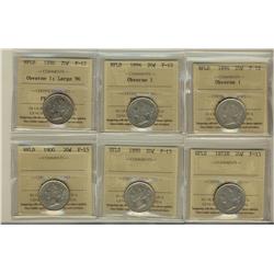 Nfld 1894 Obv 1(2), 1896 Obv 1 Lg 96 ICCS F12 & 1872H, 1890, 1900 20¢ F15.  Lot of 6 coins all ICCS 