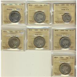 Nfld 1899 Lg 9's 20¢ VG10, 1873 50¢ VG8, 1896 Obv 2 Sml W VG10, 1898 Obv 1 Sml W VG10, 1899 Wd 9's V