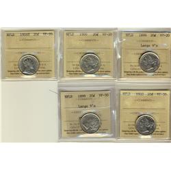 Nfld 1899 Lg 9's 20¢, 1900 & 1904H 20¢ VF20, 1899 Lg 9's & 1900 VF30. Lof ot 5 ICCS graded coins.