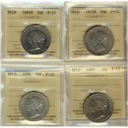 Nfld 1872H, 1882H, 1885 & 1894 50¢ ICCS F12.  Lot of 4 coins.