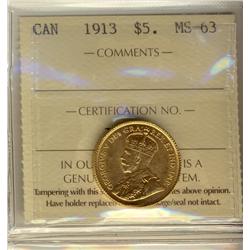 Gold 1913 $5 ICCS MS63.