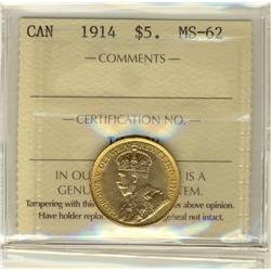 Gold 1914 $5 ICCS MS62.