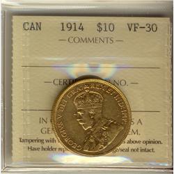 Gold 1914 $10 ICCS VF30.