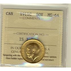 Gold Sovereign 1911c ICCS MS64.