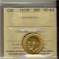 Gold Sovereign 1919c ICCS MS63.